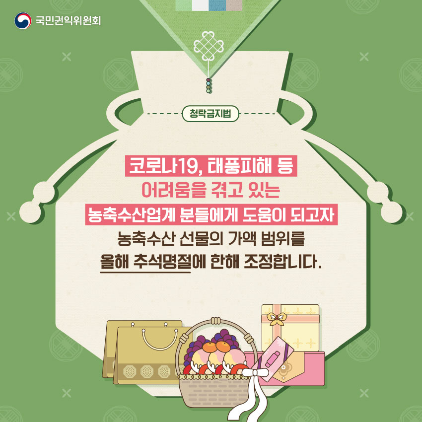 금년 추석 명절에 한해 농축수산 선물 상한액 20만원 일시 상향과 관련 카드뉴스